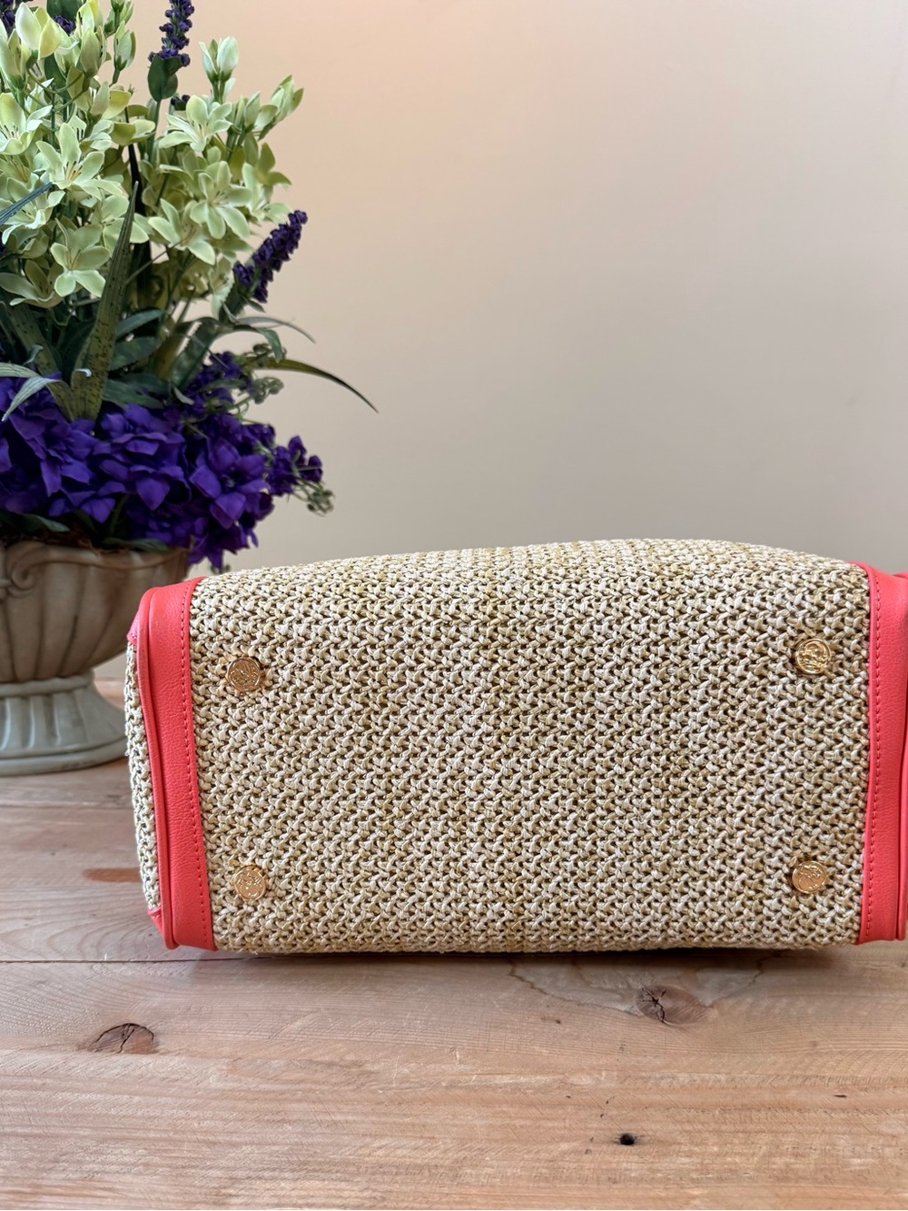 Spartina 449 Coral Woven Bamboo Handle Tote & Matching Wallet Set EUC - Picture 12 of 16